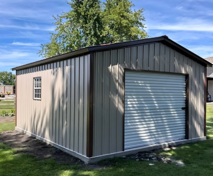 Detached workshop with vehicle bay and tool benches on a Montgomery County property, Experienced Shed Builder measuring wall framing for a custom workshop shed installation