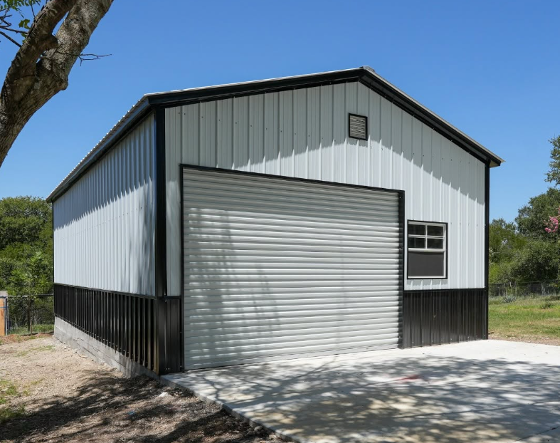 Organized workshop interior with dedicated tool storage, worktable, and open floor space, Shed Builder installing wall panels on a backyard storage building beside a fenced home