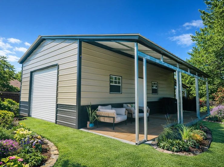 Steel building frame and enclosed workspace showing durable construction and organized access, Shed Builder measuring a framed storage building beside a driveway and lawn equipment
