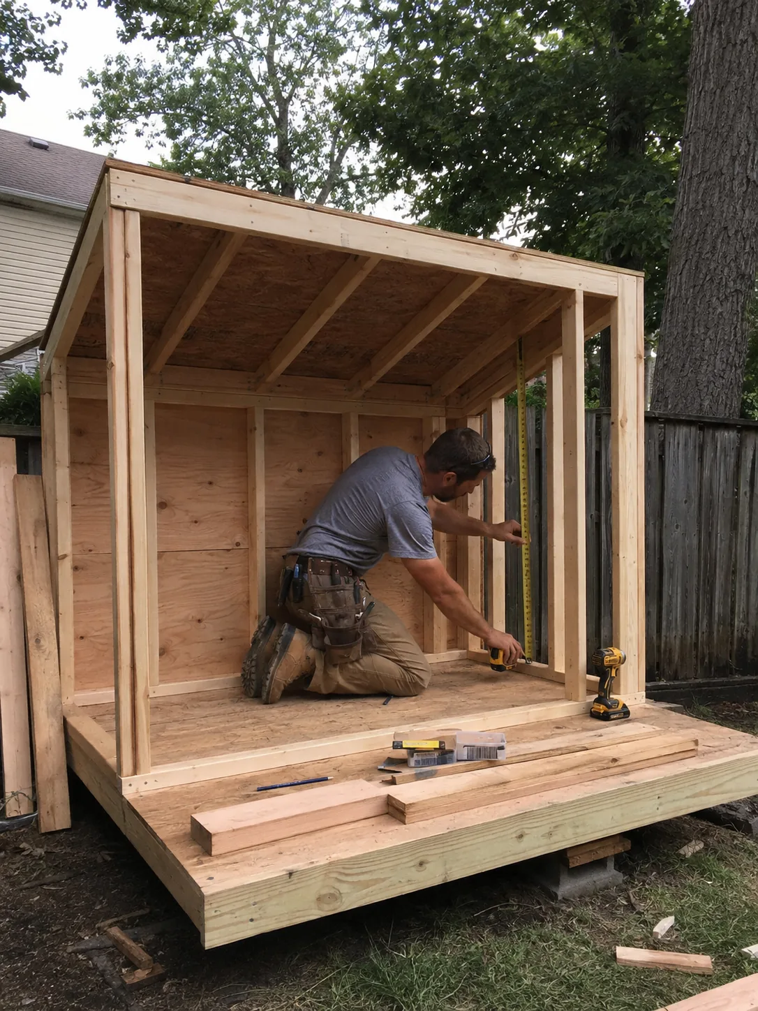 Shed Builder in Conroe - TX measuring a backyard foundation area before framing a storage shed, Shed Builder in Houston - TX measuring a backyard pad before starting a custom storage shed