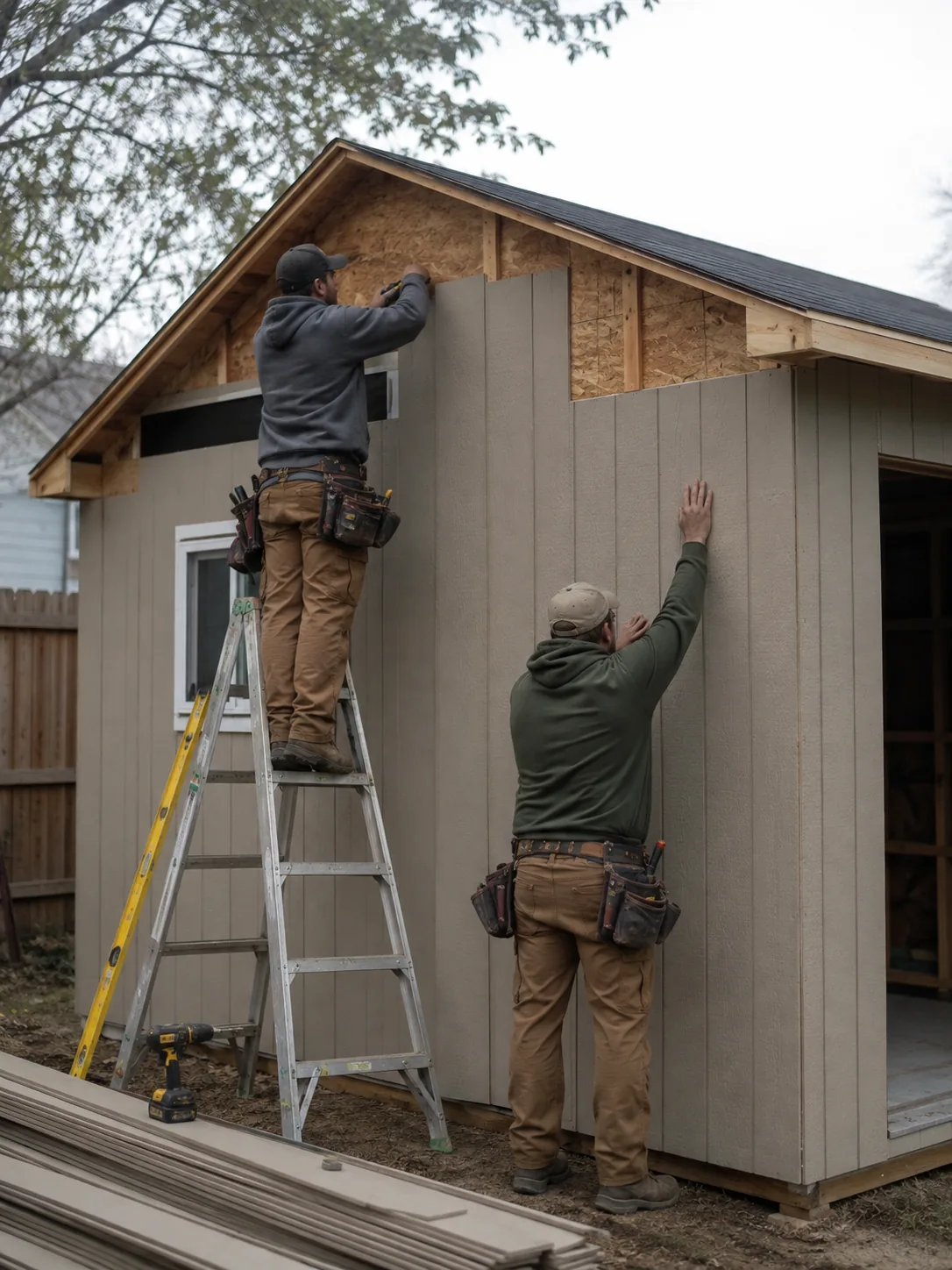 Shed Builder reviewing placement options beside a fenced backyard in Conroe - TX before construction begins, Shed Builder reviewing shed placement beside a fenced yard in Houston - TX before construction begins