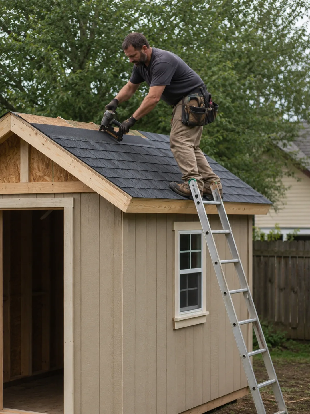 Shed Builder in The Woodlands - TX marking a backyard layout before assembling a new storage shed, Shed Builder in Cleveland - TX marking the layout for a backyard storage building near a fence