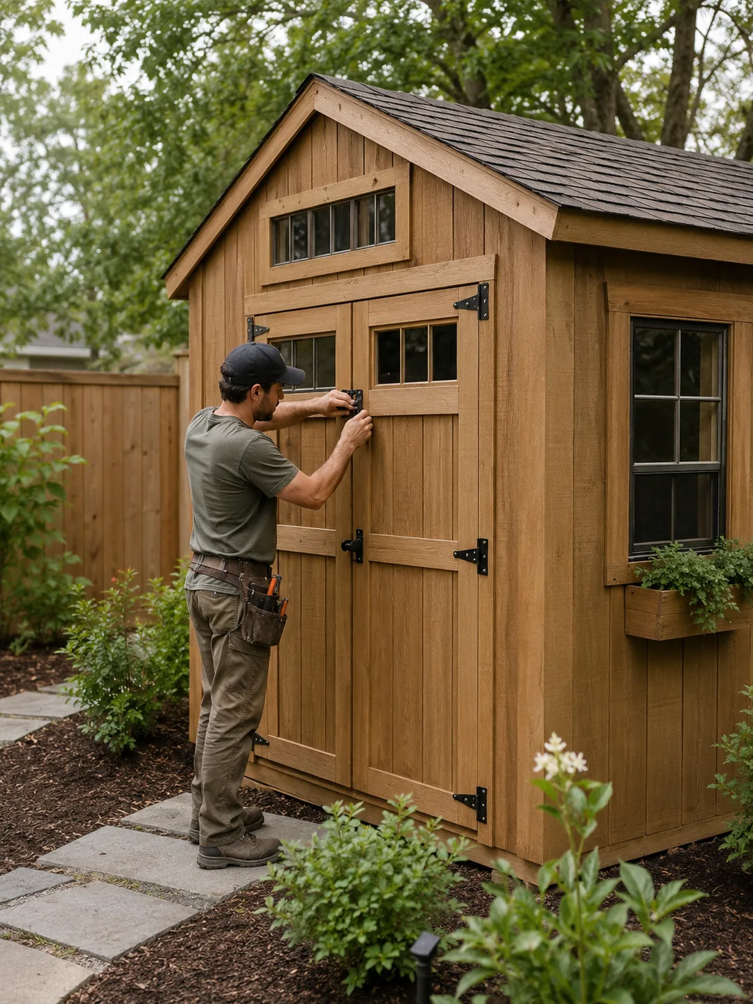 Shed Builder checking drainage and placement beside a wooded backyard in The Woodlands - TX, Shed Builder checking foundation alignment in a Cleveland - TX backyard before framing begins