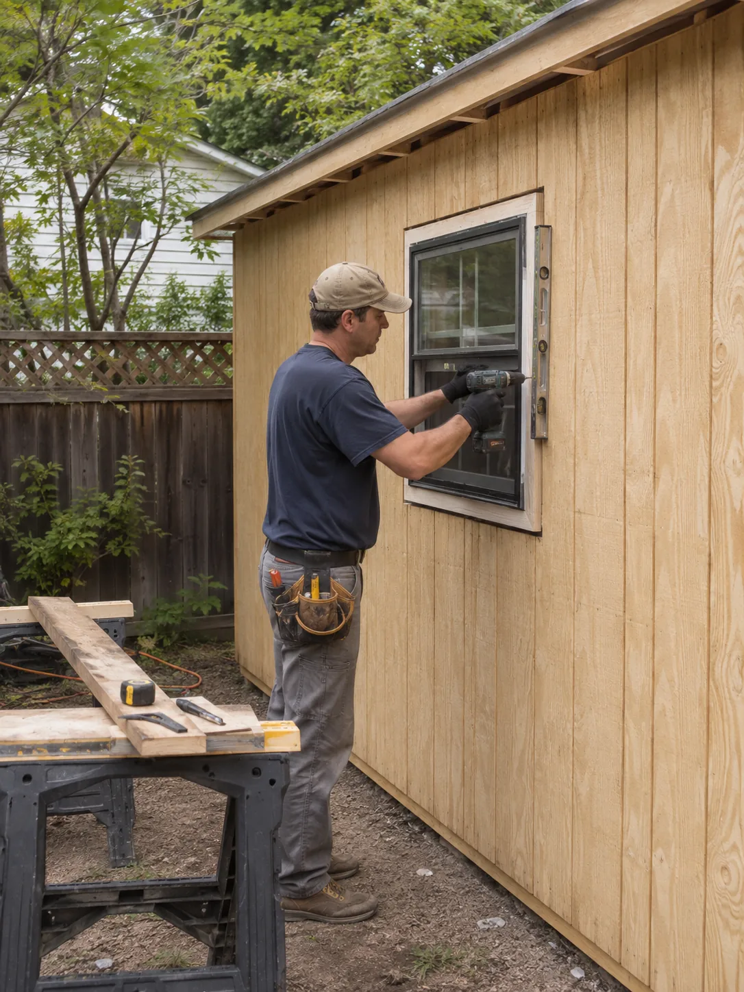 Shed Builder in Magnolia - TX measuring a backyard pad before starting custom shed construction, Shed Builder in Dobbins - TX measuring a storage shed footprint beside a gravel driveway