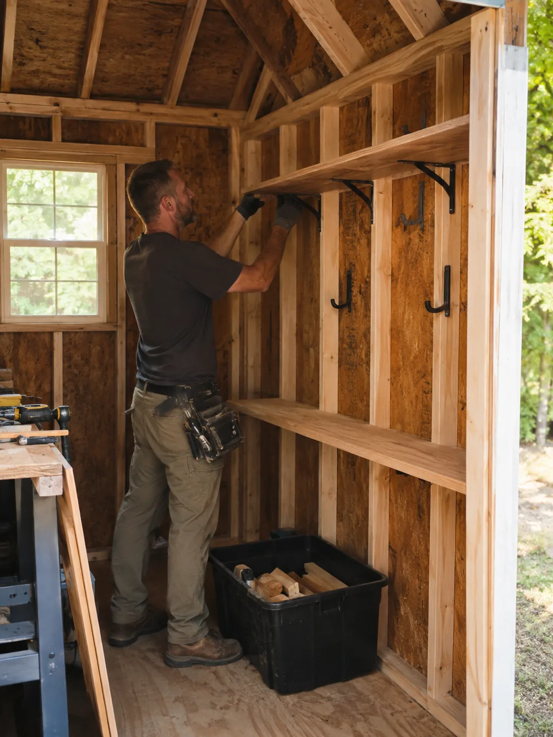 Shed Builder in Tomball - TX marking a backyard layout before building a custom storage shed, Shed Builder in Porter - TX marking post locations for a backyard storage building installation