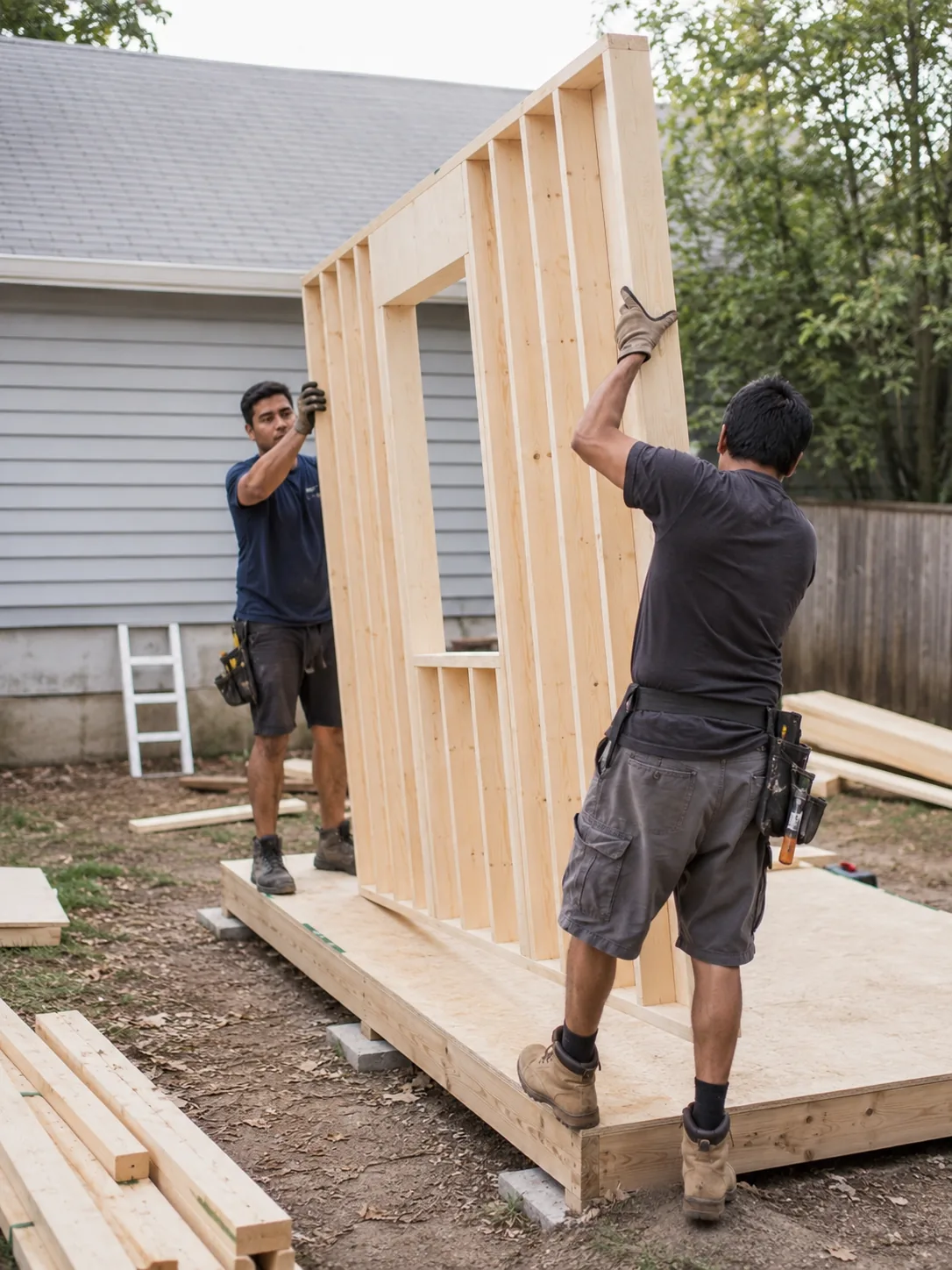 Shed Builder reviewing shed placement beside a Tomball - TX home with limited garage storage, Shed Builder organizing framing materials on a Porter - TX lot before starting shed construction